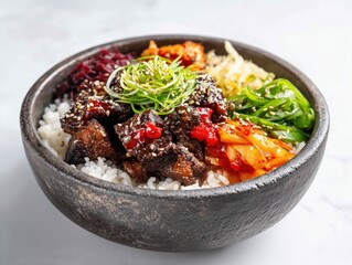 Bulgogi bibimbap: korean rice bowl with beef and vegetables