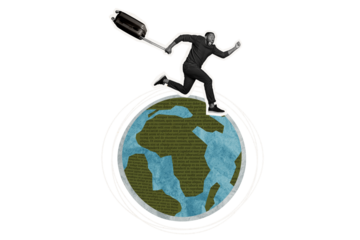 Composite artwork collage image picture of guy run suitcase mini world globe isolated on creative background