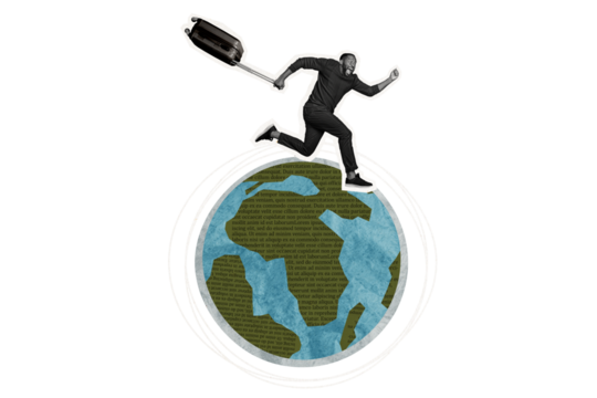 Composite artwork collage image picture of guy run suitcase mini world globe isolated on creative background