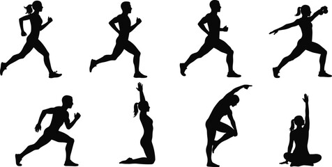 Silhouette vector illustration of men and women doing fitness exercises, running, stretching, yoga poses, workout training, healthy active lifestyle.