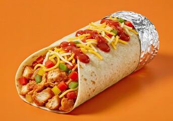 Spicy Chicken Burritos with Salsa on Bright Orange Background 