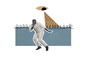 Composite photo collage of scared american man show shh gesture ufo plate eyeball imitation alien invaders isolated on painted background