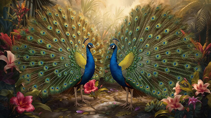 Obraz premium Two vibrant peacocks showing their iridescent feathers in a lush tropical garden during golden hour.