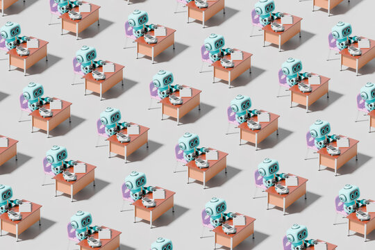 Multiple 3d robots working at desks with computers in office pattern
