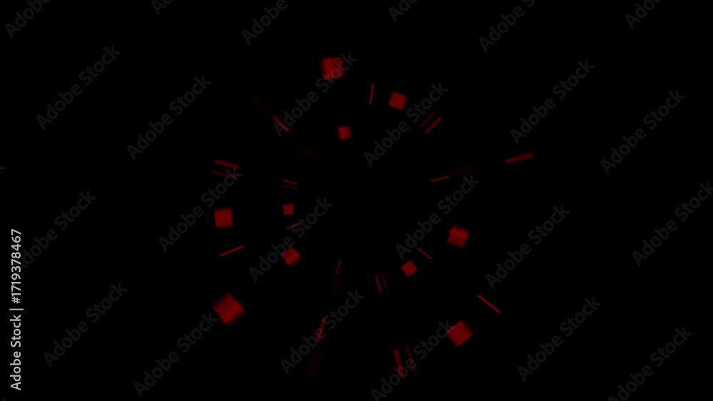 Poster red squares and lines radiate from center on isolated black background. seamlessly looped abstract m