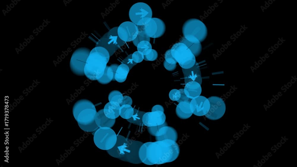 Poster a vortex of blue bokeh circles and arrows moves toward center on black background. abstract concept 