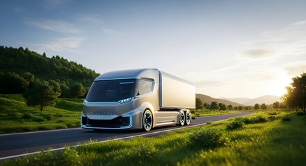 Futuristic electric truck driving through green landscapes, sustainability theme, glowing accents, conceptual realism