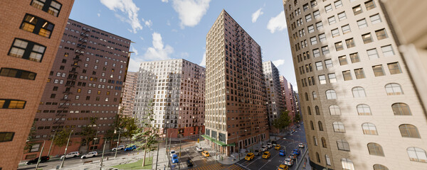 Aerial 3d render of busy urban city street intersection with tall buildings