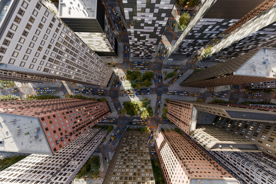 Aerial 3D drone view of urban skyscrapers and city streets with traffic