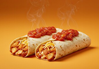 Spicy Chicken Burritos with Salsa on Bright Orange Background 