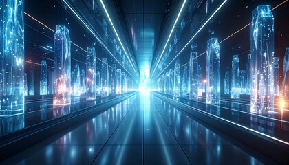 Futuristic innovation hub with crystalline data sculptures emitting soft glows, intricate digital threads crafting new forms, hyper-realistic 