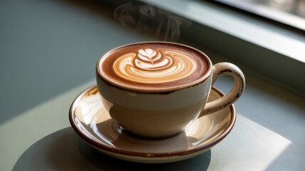 Steaming Latte Art Coffee Cup on Saucer by the Window