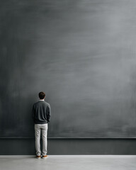 Fototapeta premium Teacher Standing Near Blackboard in Classroom Minimalist Education Concept with Blackboard