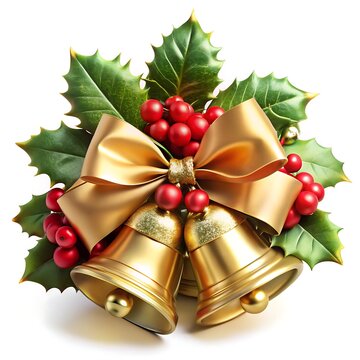 Golden christmas bells with red berries and green leaves isolated on white background