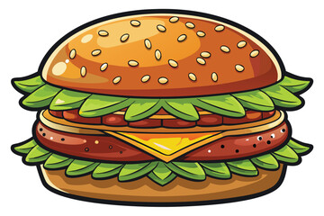 Cartoon burger featuring sesame bun, patties, cheese, and lettuce in a delicious, animated style