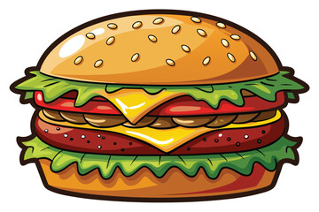 Cartoon burger stacks toppings including meat, cheese, lettuce, and tomato between sesame buns