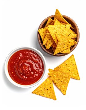 Tortilla chips and salsa in small bowls, overhead view