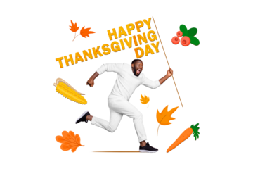 Composite photo collage of american guy run carry flag happy thanksgiving day harvest carrot corn berries isolated on painted background