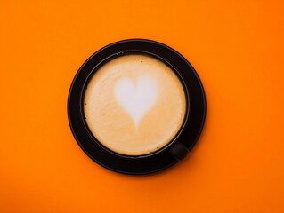a cup of black coffee with heart-shaped latte art on a bright orange table.