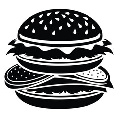 Double burger displaying lettuce, meat, and sesame seeds features bold black and white colors