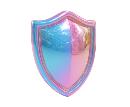 Iridescent Shield Emblem with Holographic Reflective Surface symbol protection isolated on a transparent background