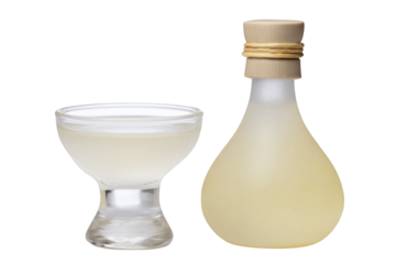 Japanese sake bottle and glass with milky white liquid drink isolated on a transparent background