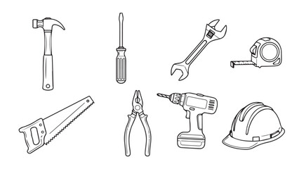 Collection of hand tools and safety gear in a distinctive silhouette style