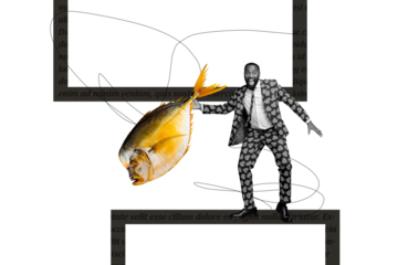 Composite creative art collage of excited american man hold dried fish snack nutrition meal isolated on painted background