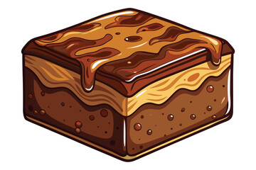 Delicious chocolate brownie square drizzled with caramel sauce looks incredibly tasty and rich