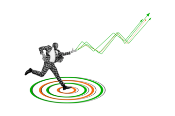 Creative collage young man runner achieve goal aim target accomplish dream progress persistence arrows stocks improvement