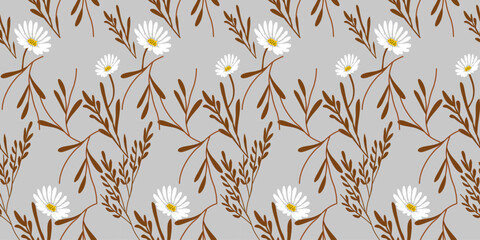 Seamless pattern of golden leaves on grass and sky background