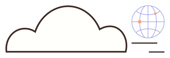 Cloud outline paired with a globe featuring gridlines and points, connecting regions. Ideal for technology, data sharing, digital systems, networking, innovation, global reach, efficiency themes