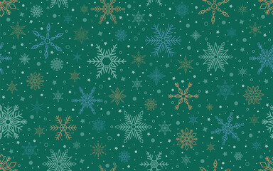 Winter seamless pattern. Festive background with colorful snowflakes and stars on green. For Christmas and New Year decorations, wallpaper, wrapping paper, fabric, or digital backgrounds.