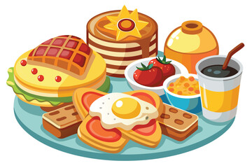 Assorted cartoon brunch featuring waffles, pancakes, egg toast, tomatoes, stew and a drink served