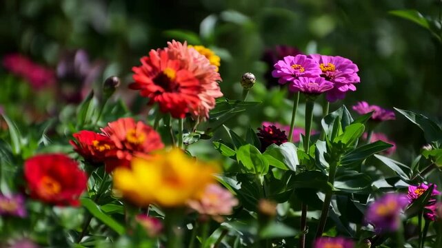 Vibrant zinnia flowers in a garden bed