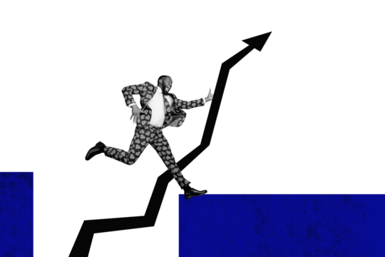 Composite photo collage of excited american guy run promotion arrow development way success growth isolated on painted background