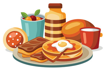 A stack of pancakes topped with an egg sits with several breakfast foods