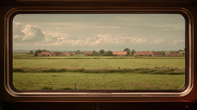 Village Landscape from Train Window: A picturesque view from a train window, showing a serene landscape with a quaint village nestled amidst green fields. Clouds dot the sky. A travel theme.