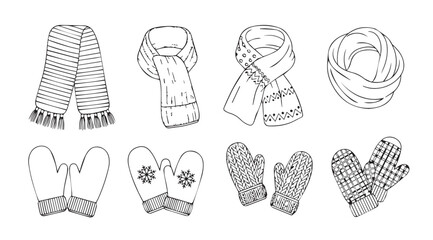 Collection of winter scarves and mittens in a hand drawn silhouette style