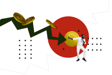 Composite photo collage of panic american man work problem arrow reduction coin dollar inflation loss isolated on painted background