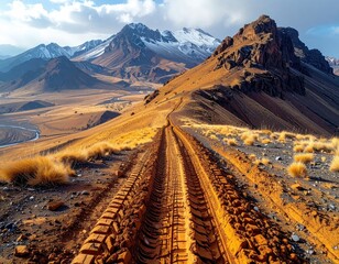 Rugged mountain path, tire tracks lead into distance