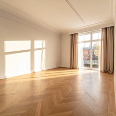 Sunny, empty room with parquet floors