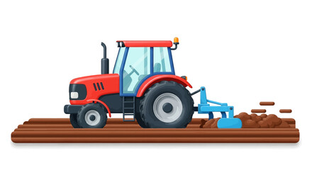 Red tractor plowing a field, illustrating agriculture, farming, and cultivation processes.
