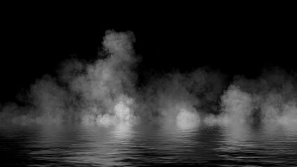 Fototapeta premium Mystery fire coastal fog . Smoke on the shore . Reflection in water. Texture overlays background. Stock illustration.