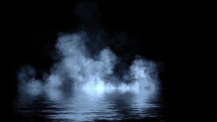 Fototapeta premium Mystery fire coastal fog . Blue smoke on the shore . Reflection in water. Texture overlays background. Stock illustration.
