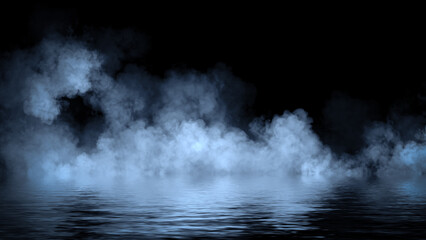 Mystery fire coastal fog . Blue smoke on the shore . Reflection in water. Texture overlays background. Stock illustration.