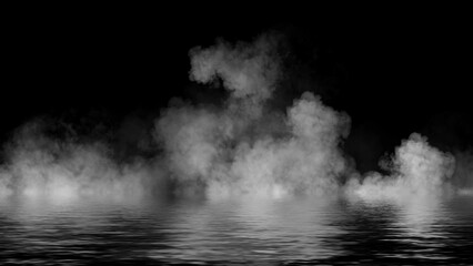 Fototapeta premium Mystery fire coastal fog . Smoke on the shore . Reflection in water. Texture overlays background. Stock illustration.
