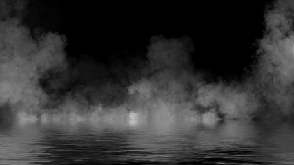 Mystery fire coastal fog . Smoke on the shore . Reflection in water. Texture overlays background. Stock illustration.