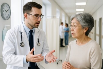Obraz premium Doctor consulting elderly female patient in hospital corridor, discussing medical diagnosis and healthcare treatment options with concerned expression. Ai generative