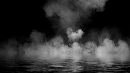 Mystery fire coastal fog . Smoke on the shore . Reflection in water. Texture overlays background. Stock illustration.